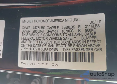 2019 Honda Accord Sport from USA, damaged, VIN 1HGCV1F33KA154898